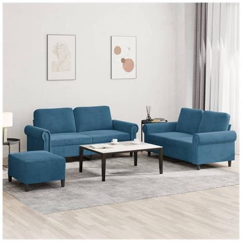 Set di Divani 3 pz con Cuscini Blu in Velluto - Foto 2