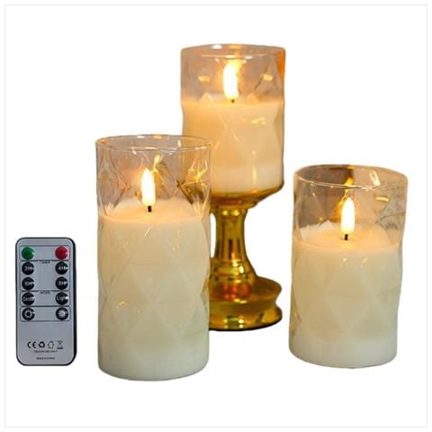 Set Di 3 Candele Led Senza Fiamma In Vetro Diamantato Con Telecomando - Foto 1