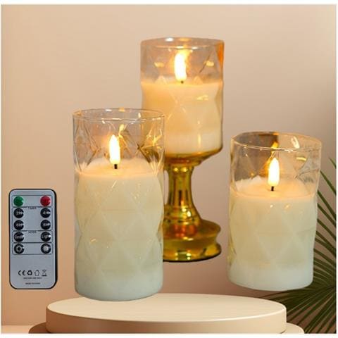 Set Di 3 Candele Led Senza Fiamma In Vetro Diamantato Con Telecomando - Foto 2