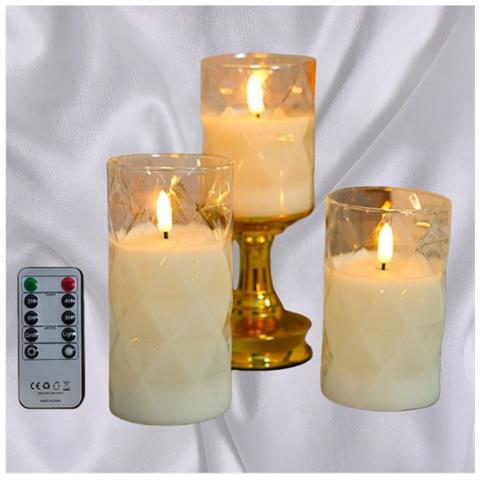 Set Di 3 Candele Led Senza Fiamma In Vetro Diamantato Con Telecomando - Foto 4