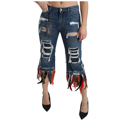 Jeans Cropped In Cotone A Vita Bassa Con Piume Blu - It38-xs - Foto 5