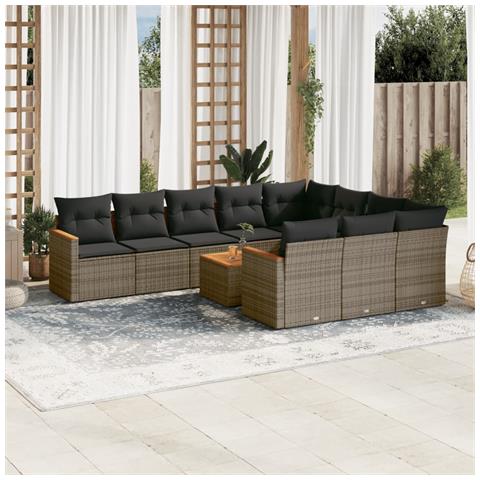 Set Divani Da Giardino 11 Pz Con Cuscini In Polyrattan Grigio - Foto 1