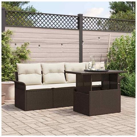 Set di divani da giardino 5 pezzi con cuscini in polyrattan marrone, Divano da giardino 2 posti con storage e cuscini in polyrattan marrone - Foto 2