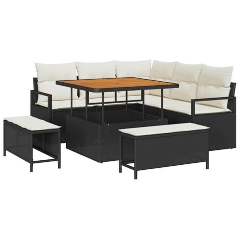 Set Divano Giardino con Cuscini 8 Pezzi Nero Polyrattan Acacia,  Divano Giardino 2 Posti con Cuscini Nero Polyrattan,  Set da Pranzo Giardino 3 Pezzi con Cuscini Nero Polyrattan Acacia - Foto 1