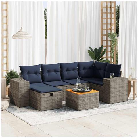 Set Divani da Giardino 7 pz con Cuscini Grigio in Polyrattan - Foto 2