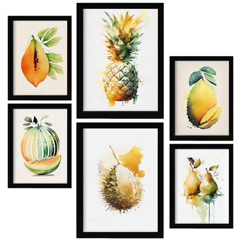 Set Di 6 Stampe Poster Di Frutta Tropicale, Verdura E Cibo Sano In Acquerello Su Sfondi Bianchi Puri A3 & A4 Senza Cornice - Foto 1