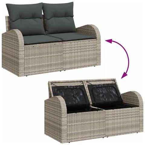 Set di 7 Pezzi di Divano da Giardino con Cuscini Grigio Chiaro Polyrattan, Divano da Giardino per 2 Persone con Spazio di Stoccaggio e Cuscini Grigio Chiaro Polyrattan - Foto 9