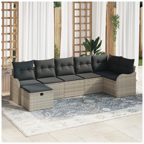 Set Divani Giardino 7 Pezzi con Cuscini Grigio Chiaro in Rattan Poliestere,  Divano Giardino per 2 Persone con Cuscini Grigio Chiaro in Rattan Poliestere - Foto 2