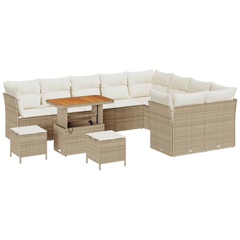 Set Divano da Giardino 12 Pezzi con Cuscini Beige Rattan Acacia,  Set da Pranzo da Giardino 3 Pezzi con Cuscini Beige Rattan Acacia - Foto 1
