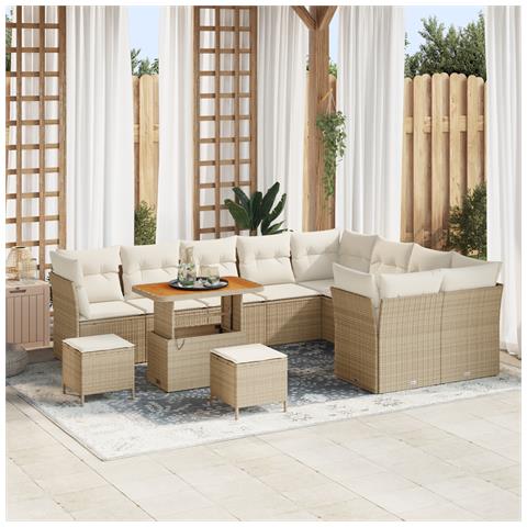 Set Divano da Giardino 12 Pezzi con Cuscini Beige Rattan Acacia,  Set da Pranzo da Giardino 3 Pezzi con Cuscini Beige Rattan Acacia - Foto 2