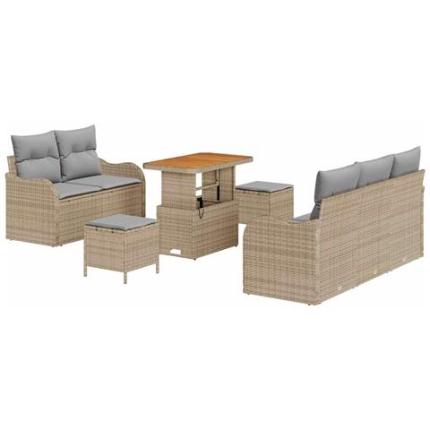 Set Divano da Giardino 8 Pezzi con Cuscini Rattan Poliestere Beige Acacia, Divano da Giardino 2 Posti con Cuscini Rattan Poliestere Beige, Set da Pranzo da Giardino 3 Pezzi con Cuscini Rattan Poliestere Beige Acacia - Foto 1