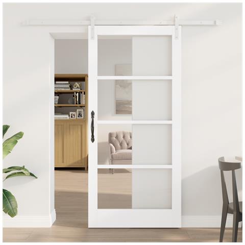 Porta Scorrevole con Set di Ferramenta 'ORKDAL'Legno Massello Bianca & Vetri, Porta Interna con Vetro 'ORKDAL'Bianca 93x202x4 cm - Foto 2