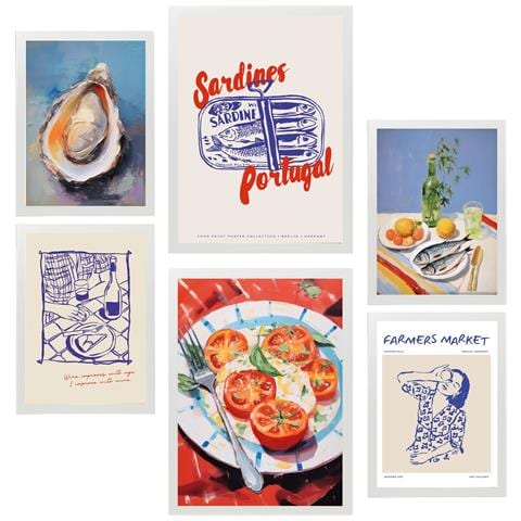 Set Di 6 Stampe Illustrazioni Decorative Di Cibo E Dieta Mediterranea In Stile Pop Art Incorniciate Con A3 & A4 Cornice Bianca - Foto 1