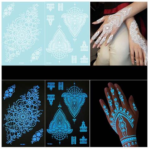 Adesivi Per Tatuaggi Temporanei All'henné Luminosi Al Buio - Decalcomanie Per Body Art Luminose - Foto 2