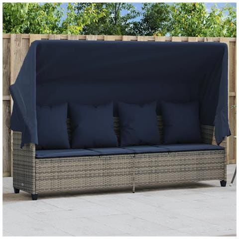 Lettino Prendisole con Baldacchino e Cuscini Grigio Polyrattan - Foto 2