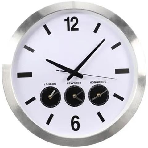 Orologio Da Parete Con 3 Fusi Orari 45,5 Cm Bianco E Argento - Foto 1