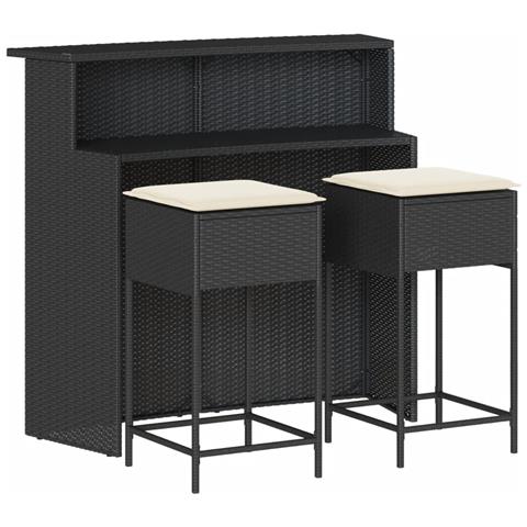 Set Bar Da Giardino 3 Pz Con Cuscini In Polyrattan Nero - Foto 1