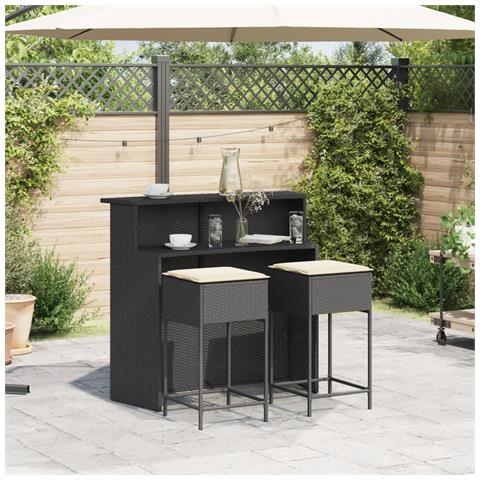 Set Bar Da Giardino 3 Pz Con Cuscini In Polyrattan Nero - Foto 2