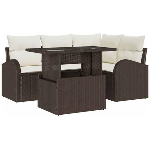 Set di divani da giardino 5 pezzi con cuscini in rattan poli marrone, Divano da giardino 2 posti con spazio di stoccaggio e cuscini in rattan poli marrone - Foto 1