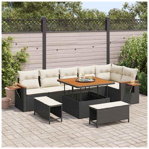 Set Divano Giardino con Cuscini 9 Pezzi Poli Rattan Nero Acacia, Set Pranzo Giardino 3 Pezzi con Cuscini Nero Poli Rattan Acacia - Foto 2
