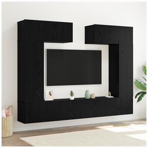 Set di mobili TV a parete in rovere nero 8 pezzi in legno truciolare, Supporto TV in rovere nero 80x30x30 cm in legno truciolare, Mobile TV a parete - 2 pezzi in rovere nero, 30.5x30x90 cm in legno truciolare, Mobili TV 2 pezzi in rovere nero 100x30x3 - Foto 2