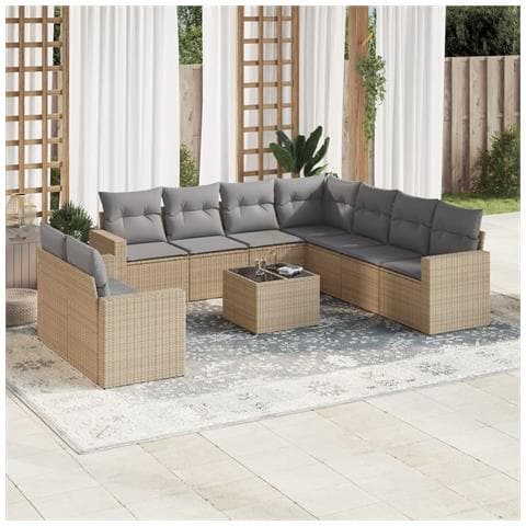 Set Divano da Giardino 10 pz con Cuscini Beige in Polyrattan - Foto 2