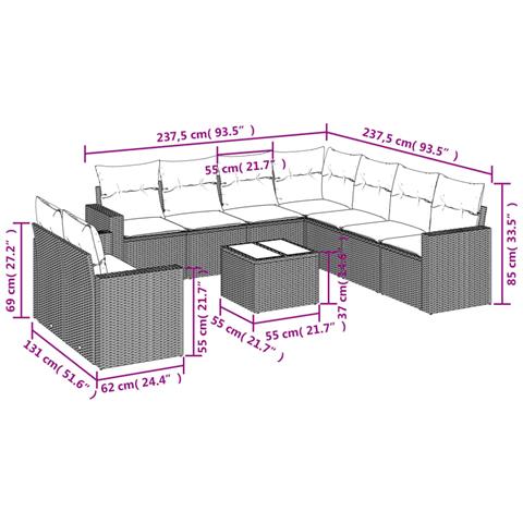 Set Divano da Giardino 10 pz con Cuscini Beige in Polyrattan - Foto 3