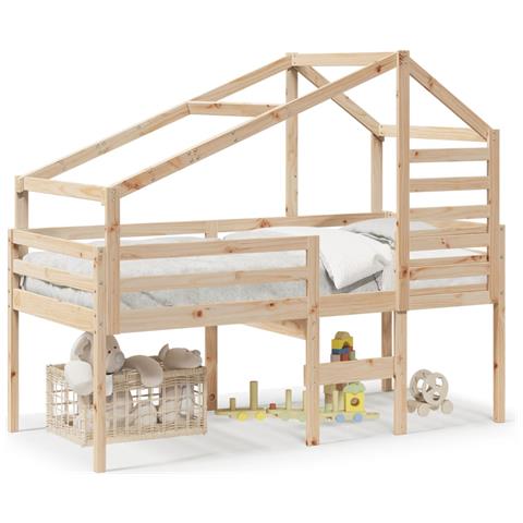 Letto a Soppalco con Tetto 75x190 cm in Legno Massello di Pino - Foto 1