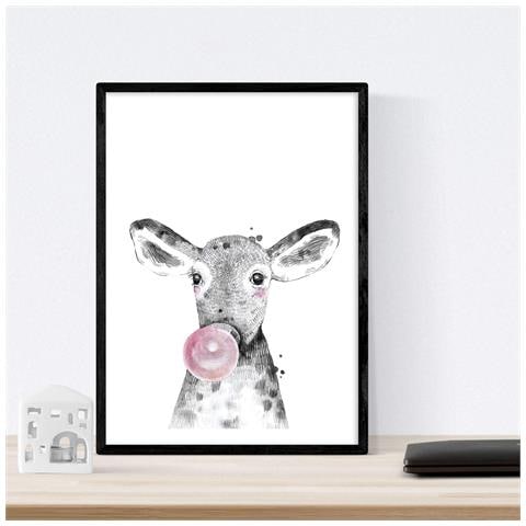 Set Di 6 Stampe Animali Bambini Con Gomma Da Masticare Maiale Cervo Vaca Zorro Gufo Cane A4 Cornice Nera - Foto 6