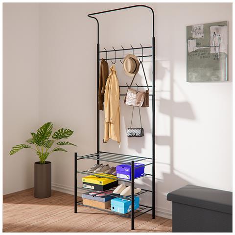 Stand Appendiabiti Da Ingresso Struttura Metallo 9 Ganci Con Scarpiera 4 Ripiani - Foto 1