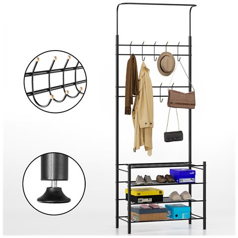 Stand Appendiabiti Da Ingresso Struttura Metallo 9 Ganci Con Scarpiera 4 Ripiani - Foto 2