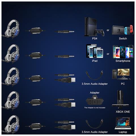 Cuffie J1 Ultra-flexible Premium Con 15 Full Led Rgb. Cuffie Da Gaming Con Microfono, Connessione Minijack Per Pc, Laptop, Ps4, Xbox One, Mobile, Tablet. Cancellazione Del Microfono. - Foto 2