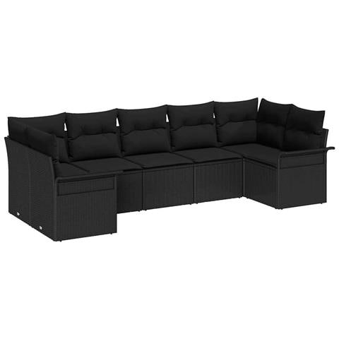 Set di 7 pezzi di divano da giardino con cuscini in rattan poly nero, Divano da giardino a 2 posti con spazio di stoccaggio e cuscini in rattan poly nero - Foto 1
