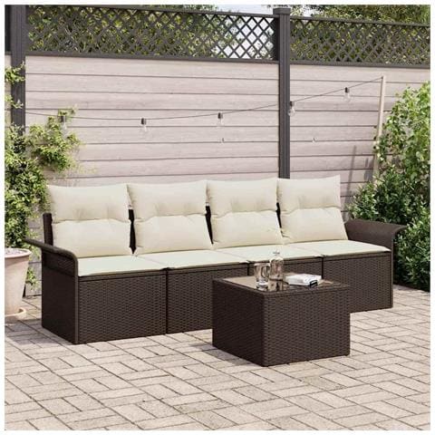 Set di divani da giardino 5 pezzi con cuscini in rattan polietileno marrone - Foto 2