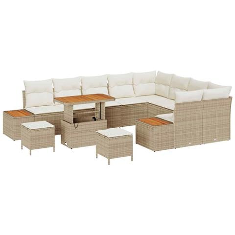 Set Divano da Giardino 12 Pezzi con Cuscini Beige Rattan Polimerico Legno di Acacia, Set da Pranzo da Giardino 3 Pezzi con Cuscini Beige Rattan Polimerico Legno di Acacia - Foto 1