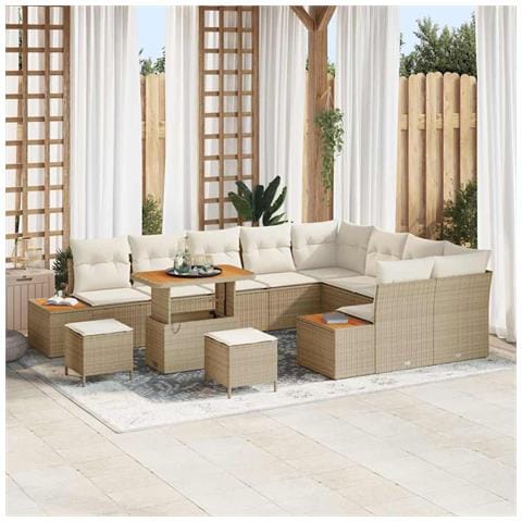 Set Divano da Giardino 12 Pezzi con Cuscini Beige Rattan Polimerico Legno di Acacia, Set da Pranzo da Giardino 3 Pezzi con Cuscini Beige Rattan Polimerico Legno di Acacia - Foto 2