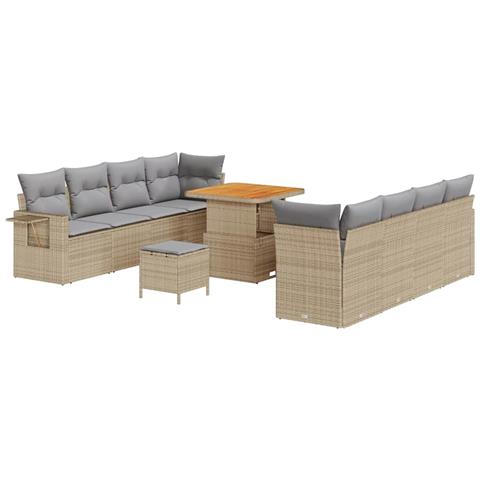 Set Divano Giardino con Cuscini Beige in Rattan Sintetico e Acacia, Set Pranzo Giardino 3 Pezzi con Cuscini Beige in Rattan Sintetico e Acacia - Foto 1