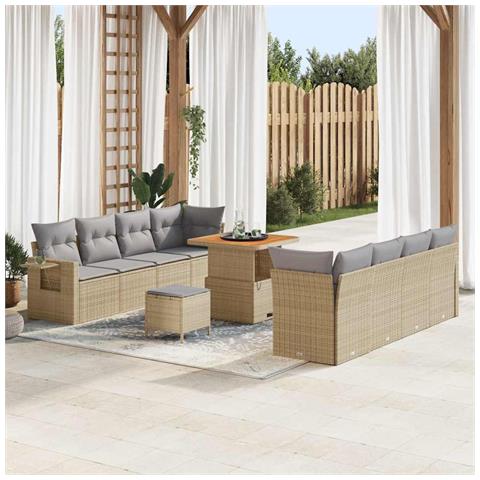 Set Divano Giardino con Cuscini Beige in Rattan Sintetico e Acacia, Set Pranzo Giardino 3 Pezzi con Cuscini Beige in Rattan Sintetico e Acacia - Foto 2
