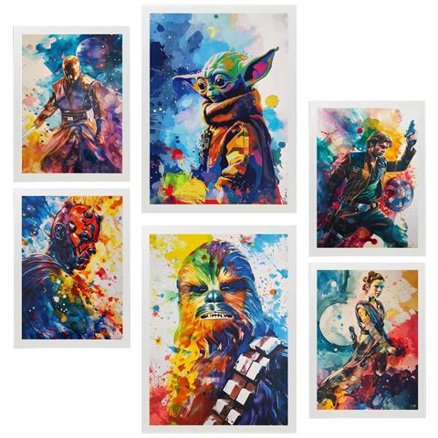 Set Di 6 Stampe Star Wars Colorato Incorniciato Con Illustrazioni Di Design Per Decorare Le Pareti Della Tua Casa. Negozio Di Pittura. A3 & A4 Cornice Bianca - Foto 1