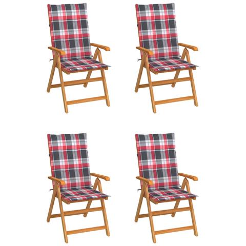 Sedie Giardino 4 pz con Cuscini Rossi a Quadri Massello di Teak - Foto 1