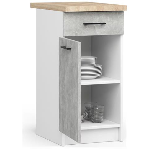 Mobile cucina modulare con piano di lavoro OLIWIA, 1 anta e 1 cassetto, 40x46x85 cm, Colore Bianco e Grigio Cemento - Foto 2