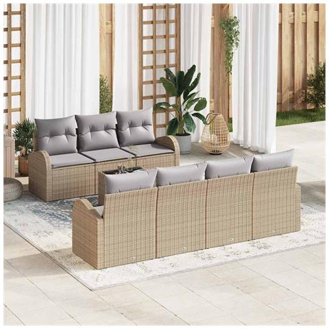Set di divano da giardino 8 pezzi con cuscini Beige Poly Rattan - Foto 2