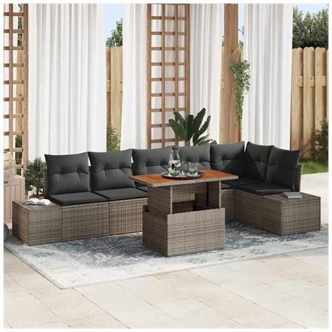 Set Divani Giardino 7 Pezzi con Cuscini Grigio Polyrattan - Foto 2