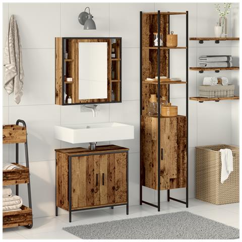 Set di mobili per bagno a 3 pezzi in legno ingegnerizzato effetto legno vecchio - Foto 2
