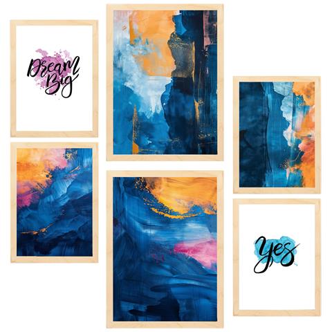 Set Di 6 Stampe Colori Astratti, Blu, Oro, Turchese, Forme Incorniciate Con Illustrazioni Di Design Per Le Pareti Di Casa A3 & A4 Telaio In Legno Chiaro - Foto 1