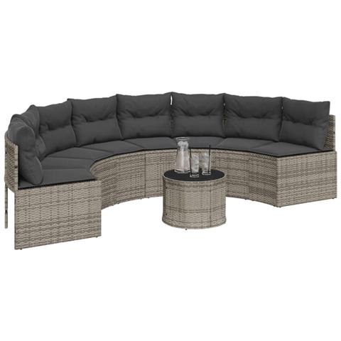 Divano Giardino Tavolo Cuscini Semicircolare Grigio Polyrattan - Foto 3
