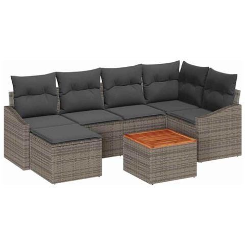 Set di 7 Pezzi di Sofa da Giardino con Cuscini Grigio in Polyrattan e Acacia - Foto 1
