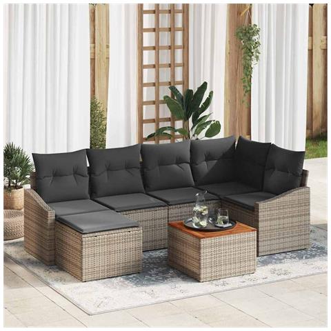 Set di 7 Pezzi di Sofa da Giardino con Cuscini Grigio in Polyrattan e Acacia - Foto 2