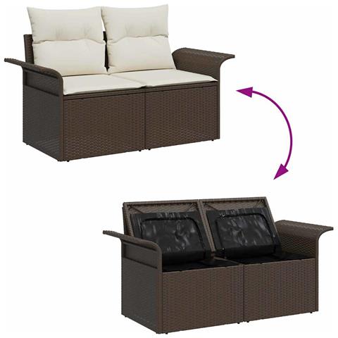 Set di Divani da Giardino 5 Pezzi con Cuscini Marrone Rattan Poliestere, Divano da Giardino a 2 Posti con Ripostiglio e Cuscini Marrone Rattan Poliestere - Foto 9