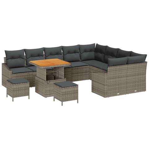 Set Divano da Giardino 12 Pezzi con Cuscini Grigio Polyrattan Acacia, Divano da Giardino 2 Posti con Ripostiglio e Cuscini Grigio Polyrattan, Set da Pranzo da Giardino 3 Pezzi con Cuscini Grigio Polyrattan Acacia - Foto 1